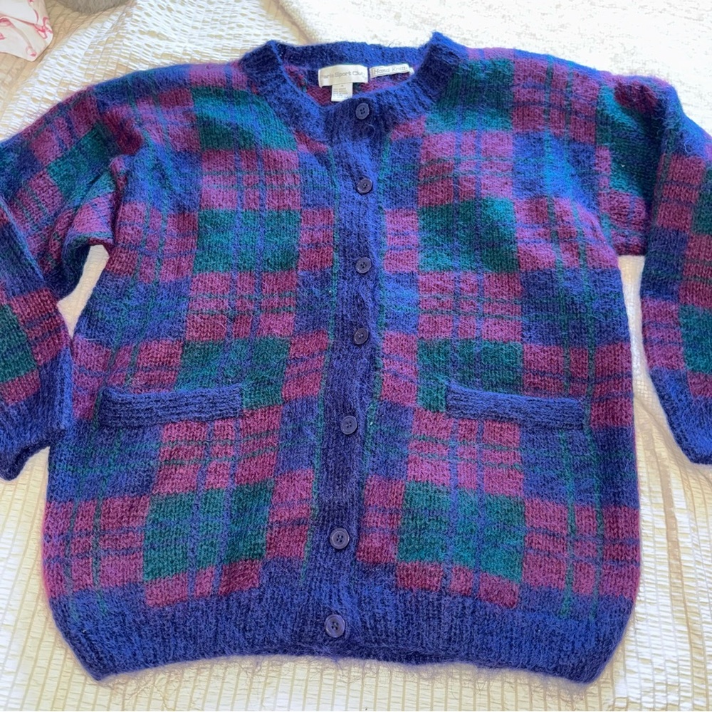 Vintage Mohair Paris Sport Club Plaid Hand Knitted Cardigan Sweater medium